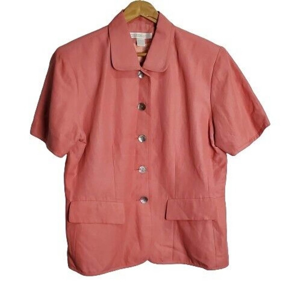 Vintage 90's Preston & York Pink Linen Blend Button Up Short Sleeve Blouse Sz 16
